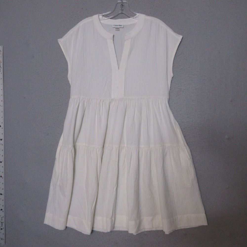 Calvin Klein Dress Women 6 Tiered Flowy Crinkle Comfort Pockets Shift Tie Back